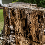 Decaying tree stump in a Spartanburg, SC yard showing signs of termite activity and fungal growth